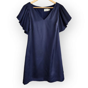 Eliza J Navy Blue Satin Ruffle Mini V Neck Sheath Dress 6